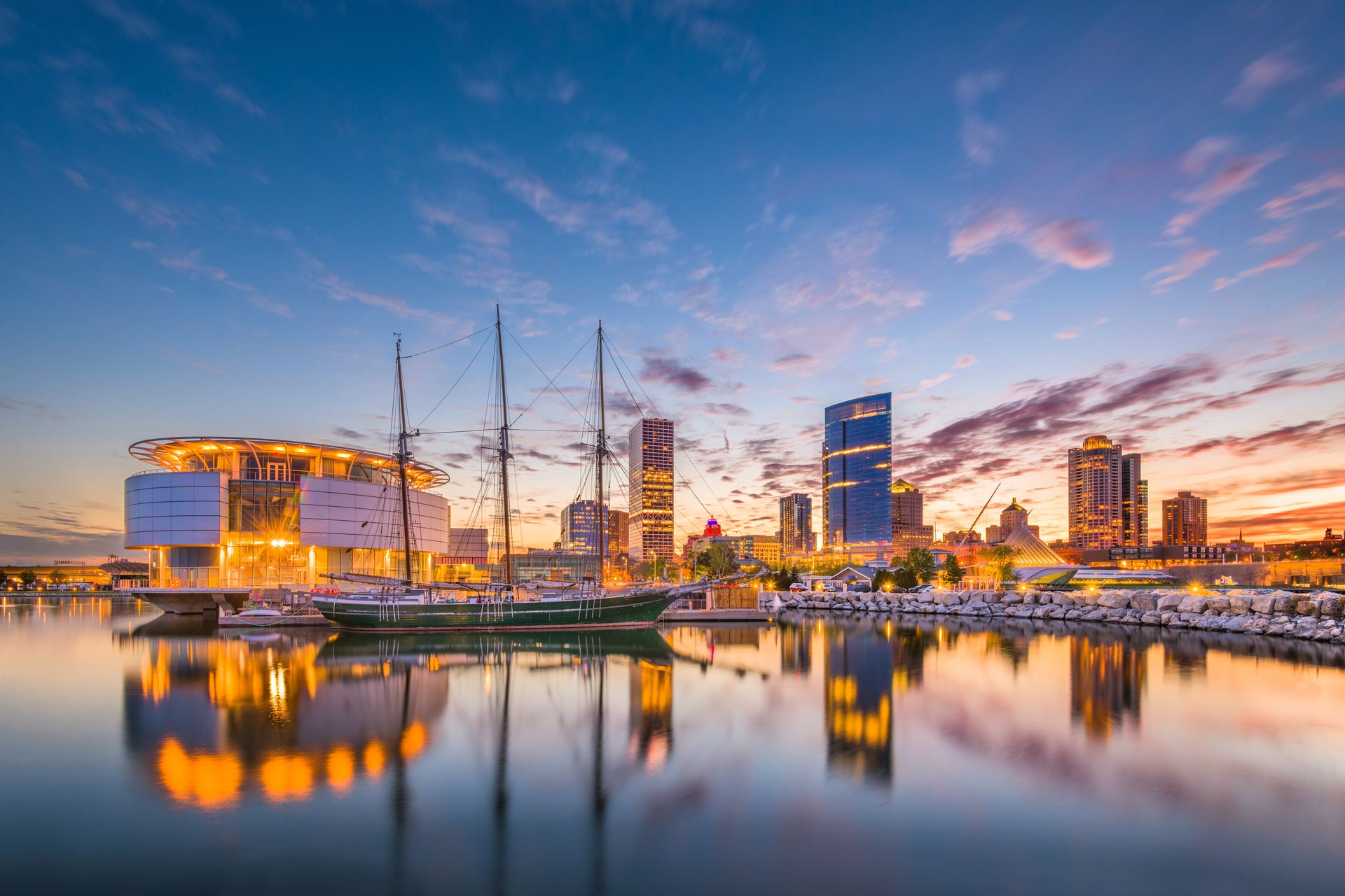Milwaukee lakefront at sunset